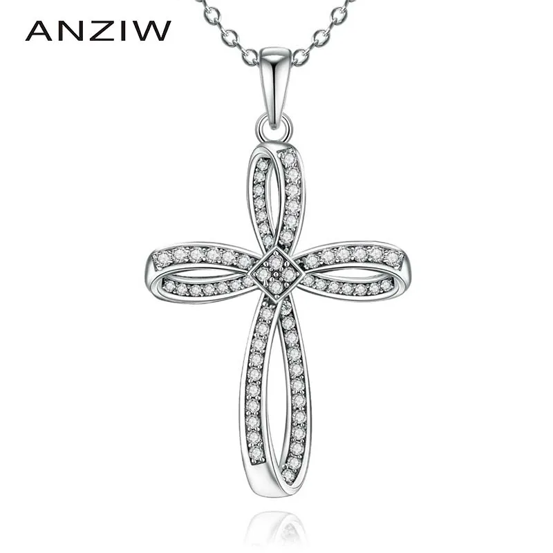 

ANZIW Luxury 925 Sterling Silver Pendant Necklace for Women Halo Bow Cross Pendant Long Chain Necklace Wedding Silver Jewelry
