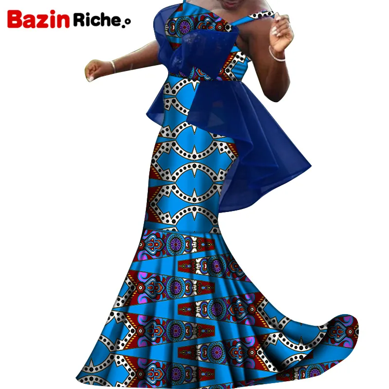 Blue Chiifon Decoration African Women Clothing 2021 Newest Fashion Type Plus Size Wedding Party Women Clothing WY7275