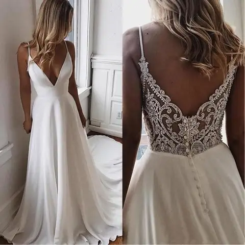 Modern Simple A Line Chiffon Beach Wedding Dresses Lace Boho Wedding Gowns Back Out Plunge V Neckline Beading Bride Dresses 2023