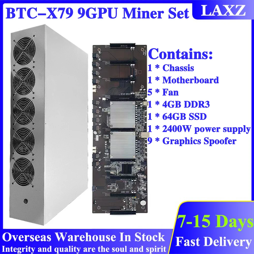 

BTC-X79 9GPU Набор для майнинга с материнской платой X79 + 4/8 ГБ DDR3 + двойной процессор E5-2603 + SSD 128 ГБ + источник питания 2500 Вт + 5 вентиляторов для майни...
