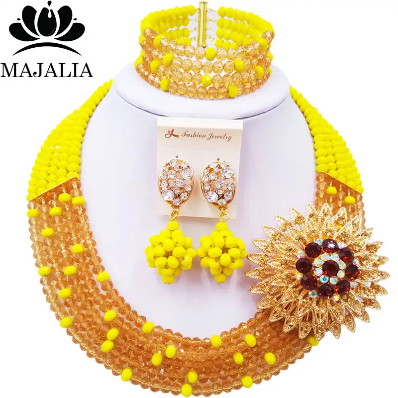 

African Wedding Nigerian Bride Wedding Dress Opaque yellow and Champagne Crystal Jewelry Bridal Necklace Set LS-37
