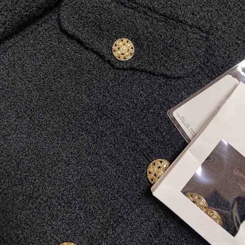 Cosmicchic 2020 Autumn Winter Tweed Black Jacket Long Sleeve V-neck Silk Lining Feminino Blazer Gold Bottons Pocket Runway Coat