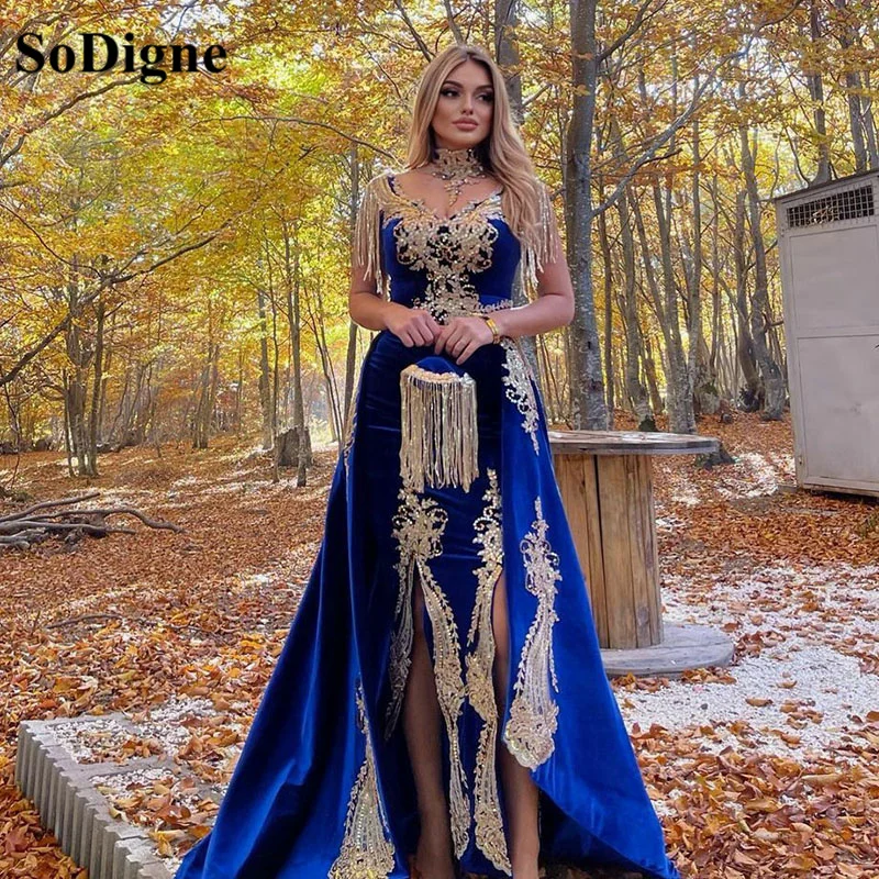 

SoDigne Moroccan Caftan Evening Dresses Gold Appliques Lace Royal Blue Mermaid Velvet Arabic Long Prom Gowns Party Dress