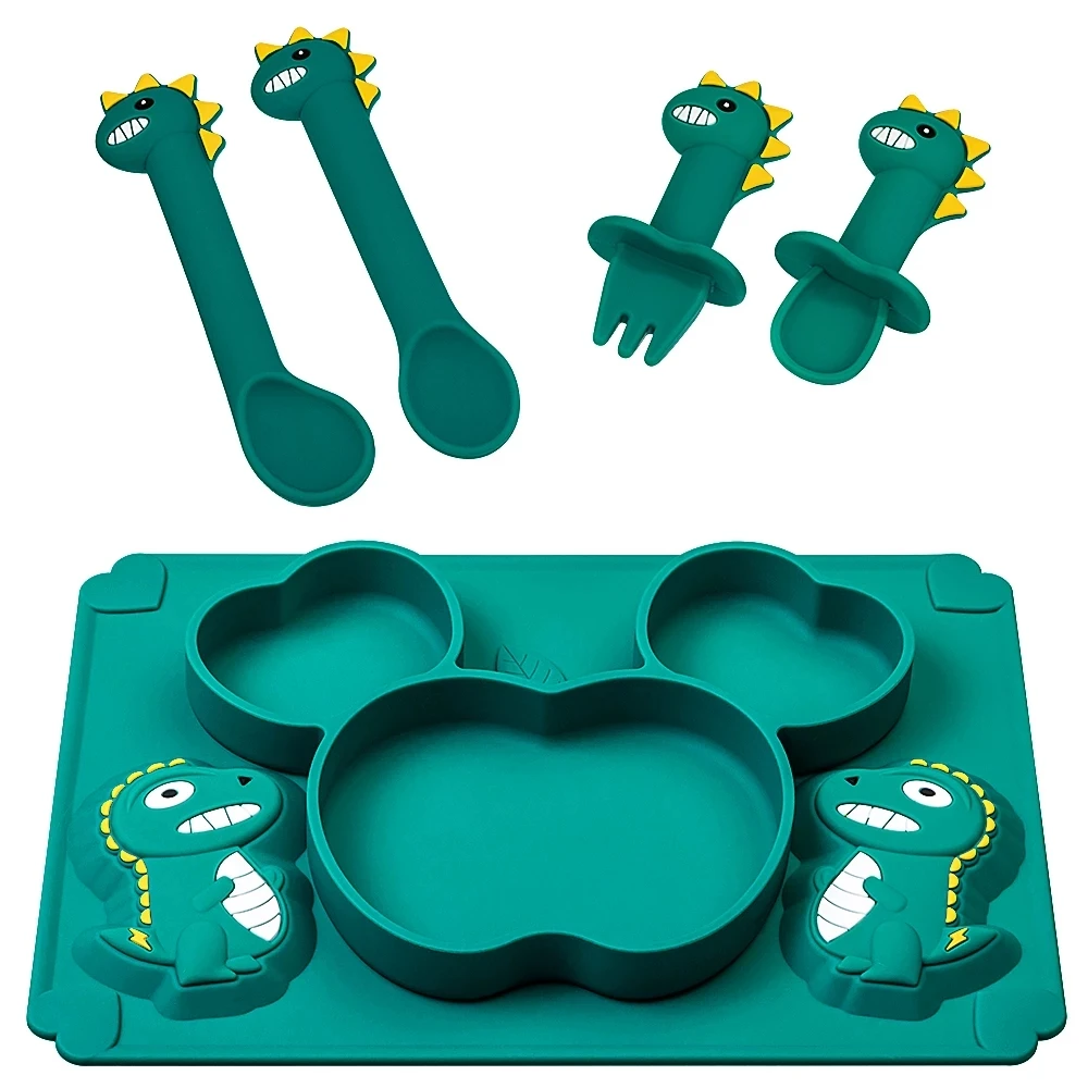 

Baby Dinner Plate Silicone Tableware Feeding Dish Food Supplement Training Bowl Spoon Fork Teether Anti-drop Suction Cup Tray
