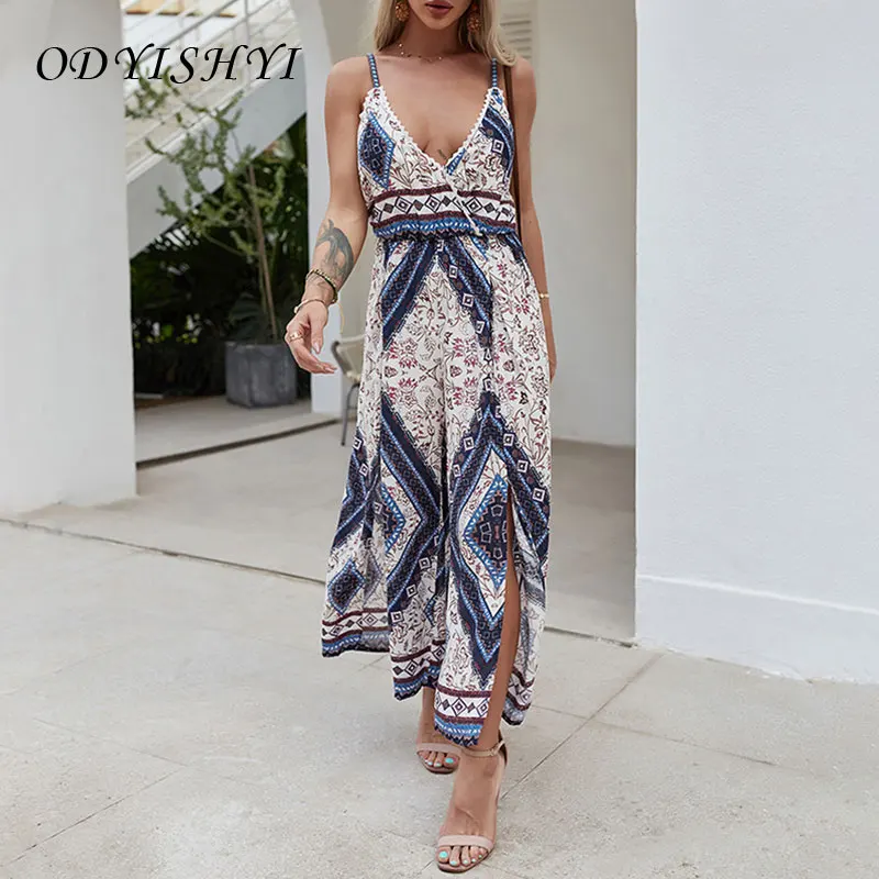 

Summer Printed Jumpsuit 2021 Women High Waist Bodysuit Bohemian Sling Bodys Para Mujer Female Sexy Deep V Nevk Jumpsuits XM02