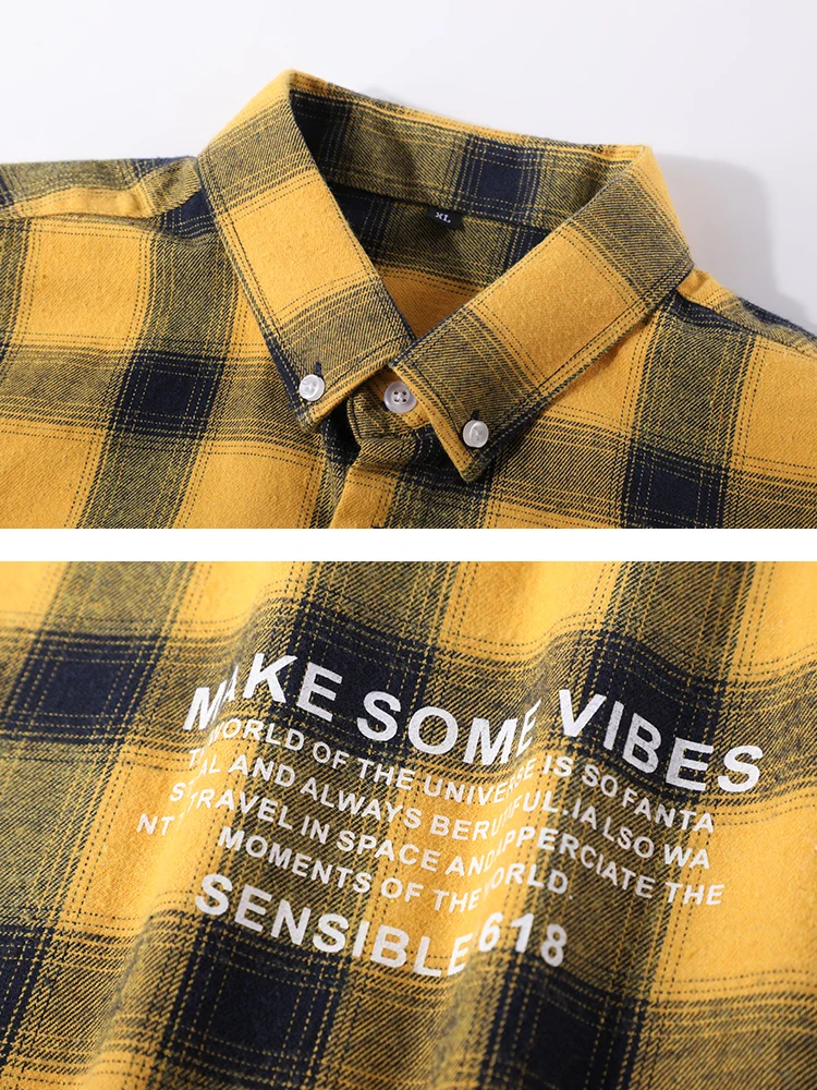 Рубашка мужская повседневная в клетку хлопок длинный рукав приталенная