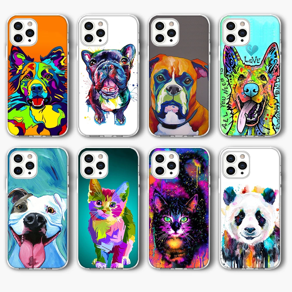 

Cat Dog Cute Oil Painting Funda Case for IPhone 13 Case for IPhone 13 12 11 Pro XR XS Max Mini 7 X 8 6 6S Plus 5S SE 2020 TPU