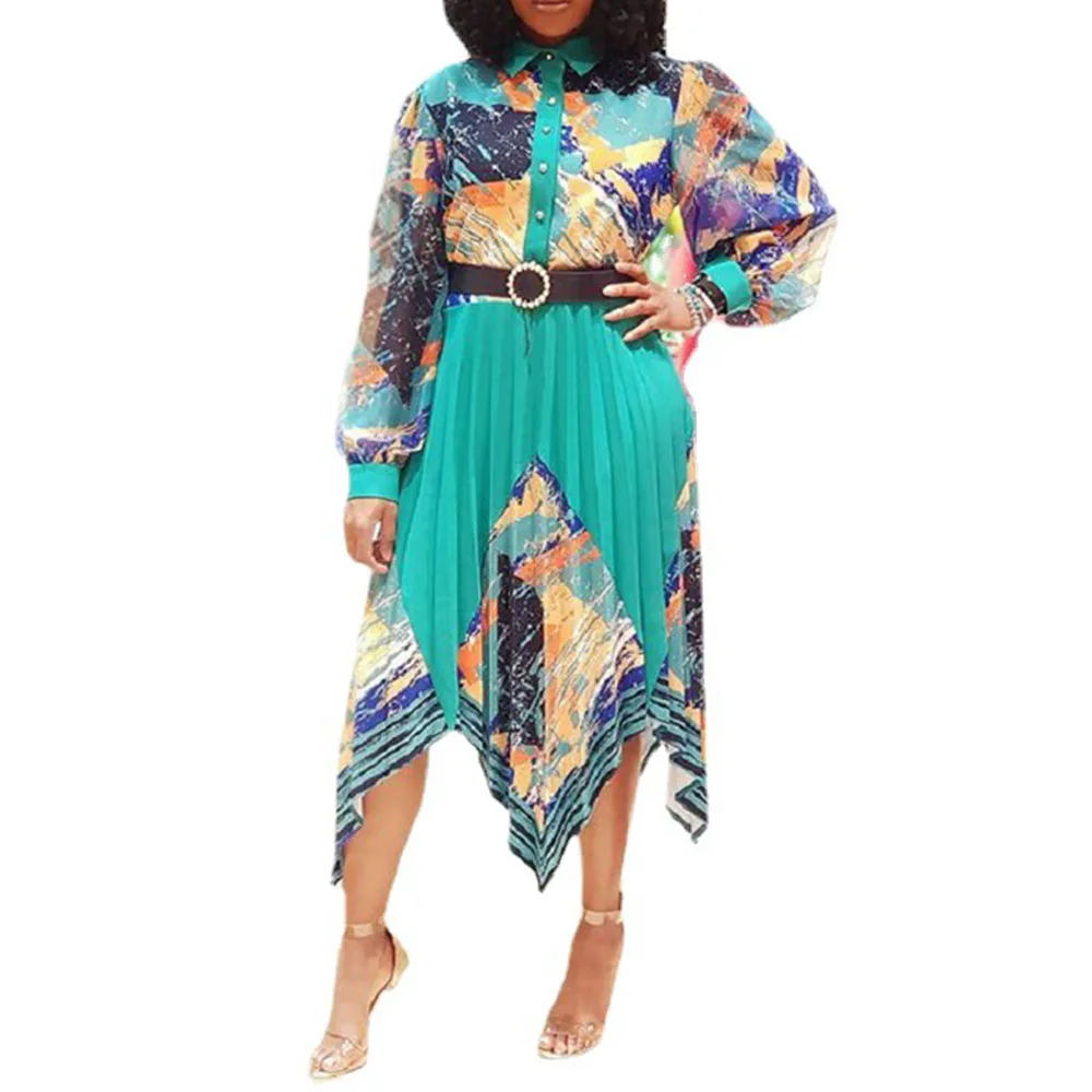 

Europe America 2021 Autumn New Irregular Printing Lapel Long Sleeve Pleated High Waist Dress Fashion Temperament Commute