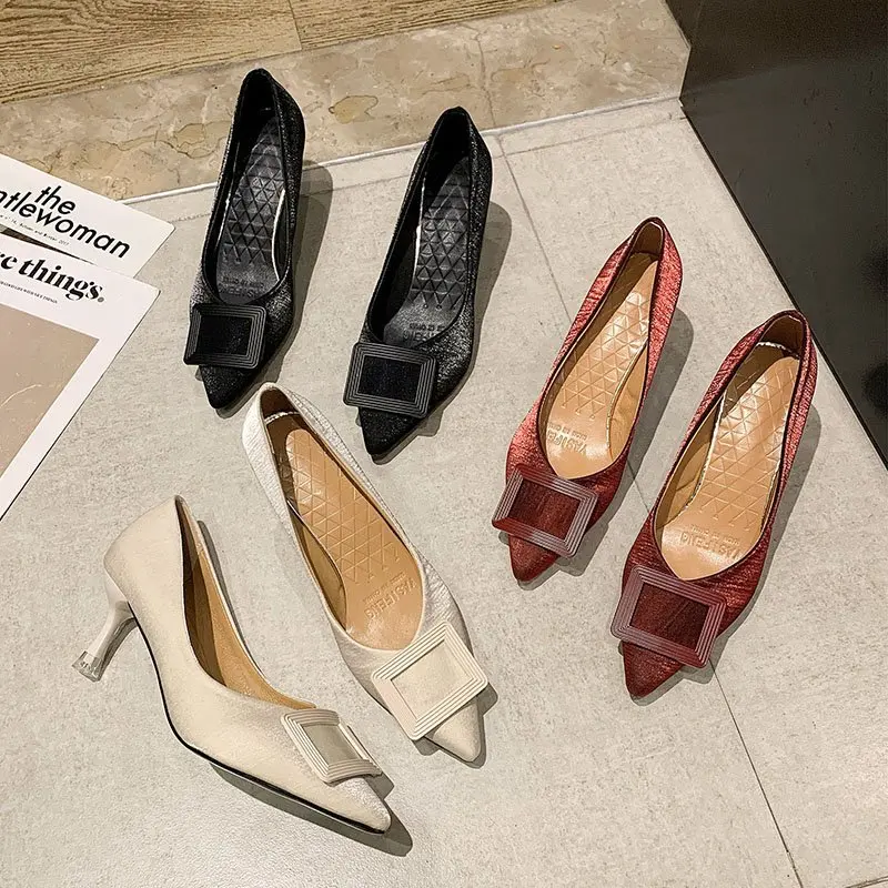 

Black Heel Shoe Branded Pumps Pointed Wedge Sandals Ladies Slip On Work Dress Professional Lace-Up Fashion Satin Casual Beige St
