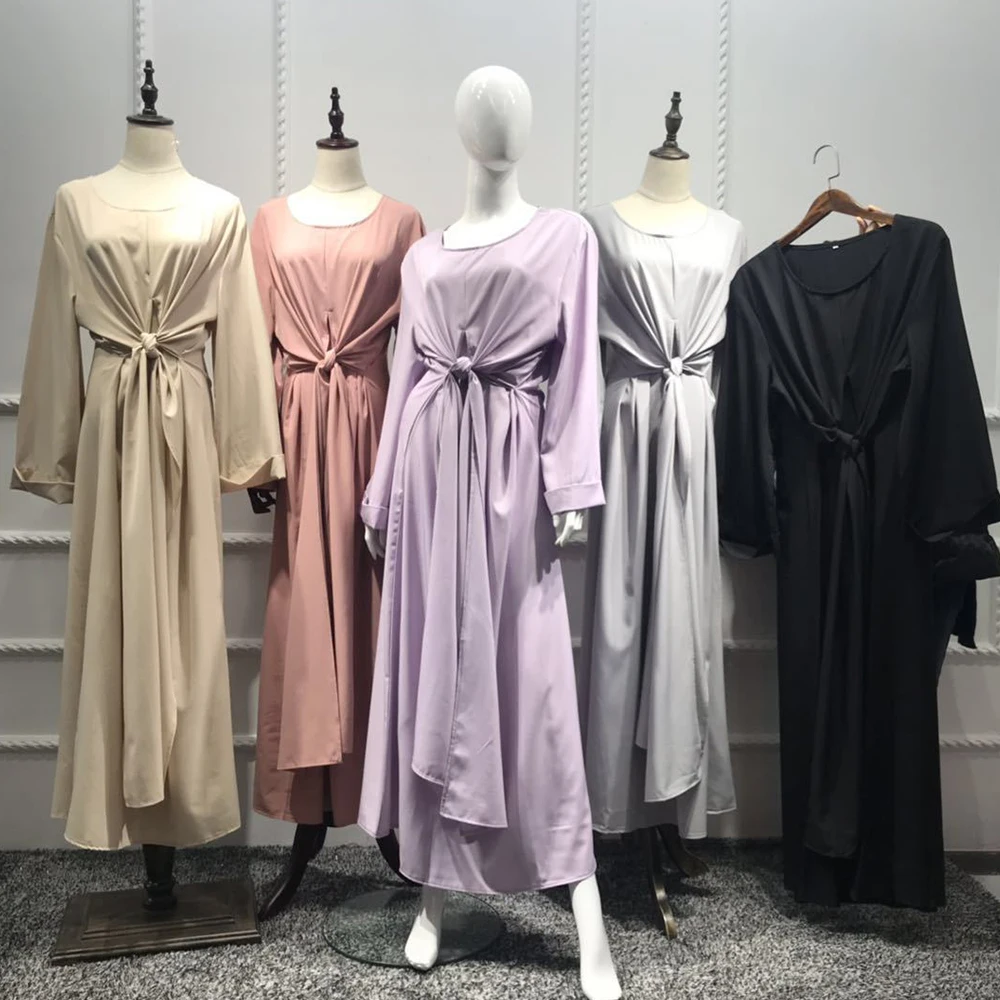 

Abaya Dress Dubai Muslim Middle East Europe America Fake Two pieces Multiple Wear Wrap Bandage Abaya Solid Arabic Clothing New