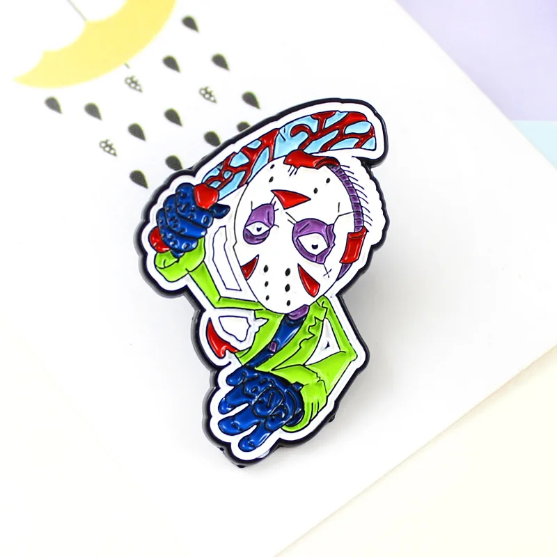 

Fashion enamel clown mask brooch funny cartoon warrior badge scary monster sickle ugly blue leather mask movie jewelry gift