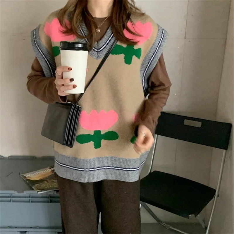 

Hit Color Floral Print All-match Spring Vest Sleeveless Knitted Thicken Vest Sweet Retro Outgoing Vest 2021 New Arrivals Tops