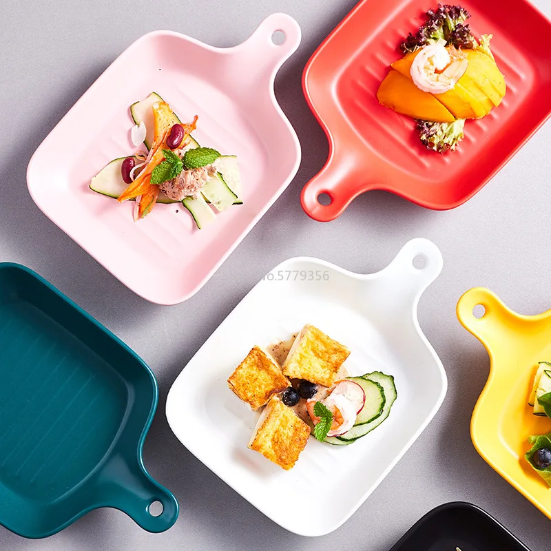 

Nordic Creative Square Ceramic Baking Tray Baking Paella Microwave Oven with Handle Baking Tray Glazed Breakfast Tray Tableware