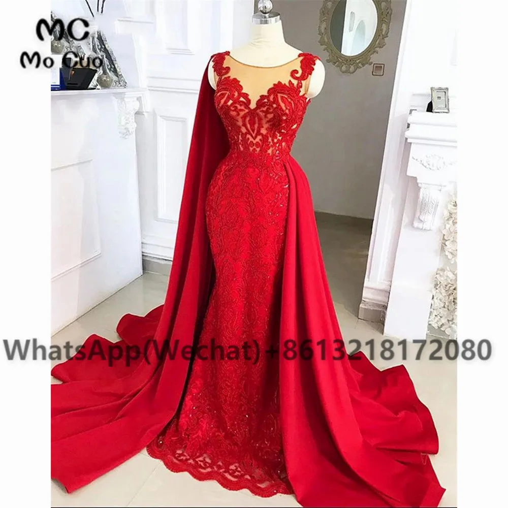 

2021 Red Mermaid Evening Dresses Long with Lace Robe De Soiree Appliques Elastic Satin Evening Party Prom Dress for Women's