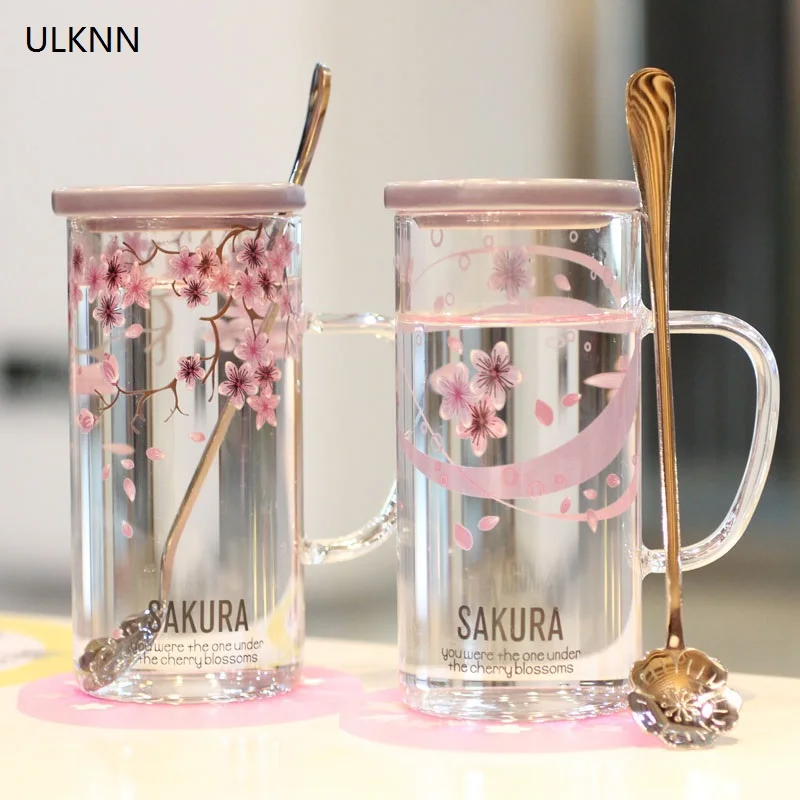 ULKNN новинка креативная Сакура термостойкая стеклянная кружка с крышкой ложкой