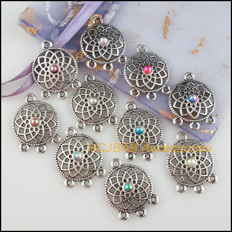 

20Pcs Tibetan Silver Tone Flower Mixed Acrylic Round Charms Connectors 18x24.5mm