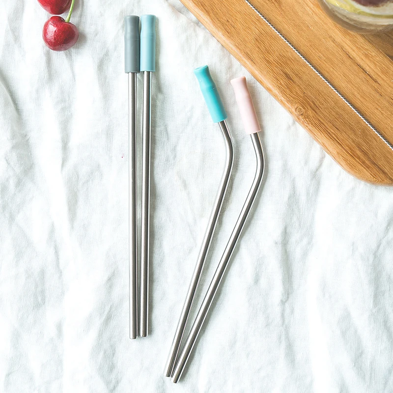 5Pcs  Colorful Reusable Stainless Steel Drinking Straws  Brush Silicone Tips Cover Metal Straw