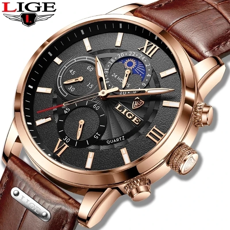 

2021 New LIGE Mens Watches Top Brand Luxury Leather Casual Quartz Watch Men's Sport Waterproof Clock Watch Relogio Masculino+Box