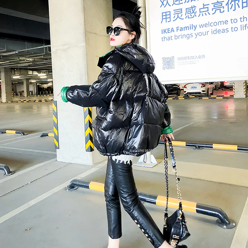 Черное зимнее пальто в стиле оверсайз женские свободные парки с капюшоном и