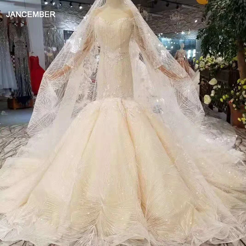 Женское свадебное платье с юбкой-годе LSS357 круглым вырезом длинными рукавами и