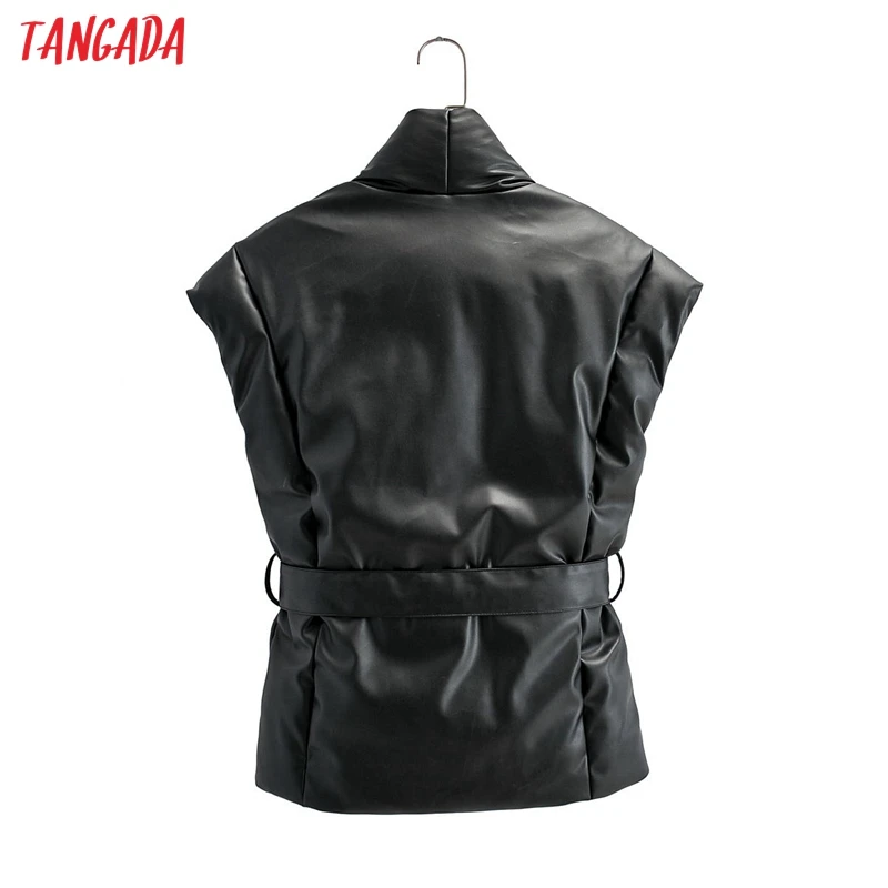 

Tangada Women Black Faux Leather Parkas Jacket with Slash Sleeveless Loose Oversize Coat AM34