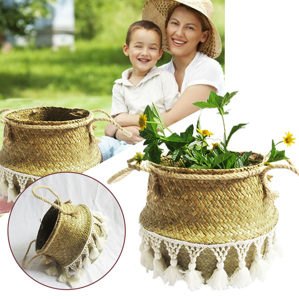 

Handmade Bamboo Storage Baskets Seagrass Wicker Basket With White Tassel Garden Flower Pot Laundry Basket Container Toy Holder