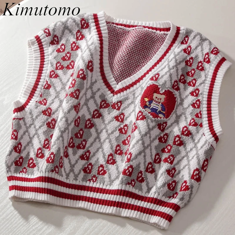 

Kimutomo Women Knit Vest 2021 Autumn New Love Bear Embroidered Sweet Short Sleeveless V-neck Color Contrast Plaid Versatile Top
