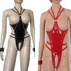 Сексуальный искусственная кожа из ПВХ Cupless Teddy Wet Look, боди без косточек, прикованный наручный ремешок, костюм фут
