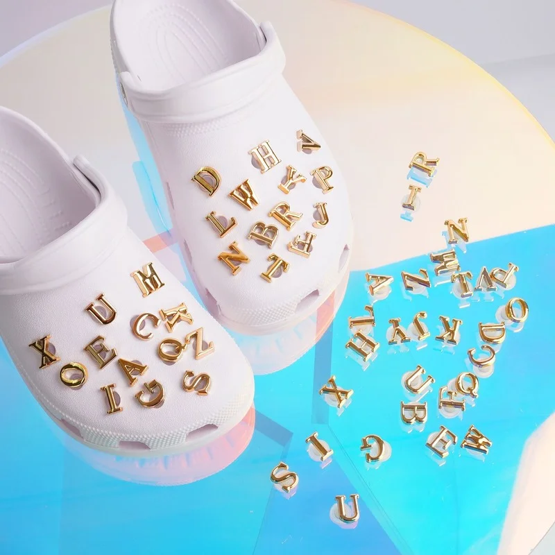 

26 Piece Golden Metal English Letters Croc Charms Designer DIY Shoes Decaration for Croc Jibbi Clogs Kids Boys Women Girls Gifts