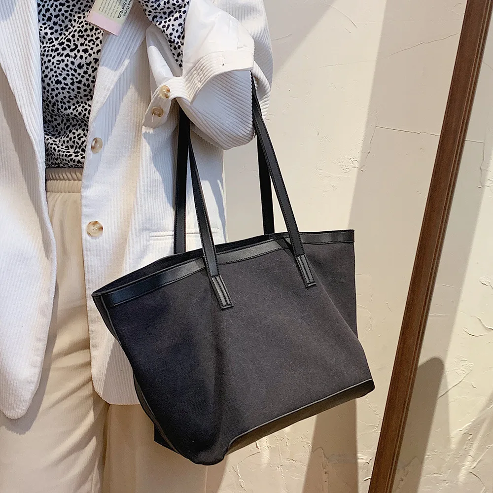 

New 2021 Canvas Large Capacity Tote Bags Vintage Student Books Ladies Big Laptop PU Shoulder Bag Girls Travel Handbags for Women