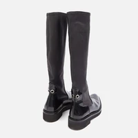 mumani woman%e2%80%98s knee hig boots black leather pointed toe flat with heel thin elasticity british style footwear handmade shoes