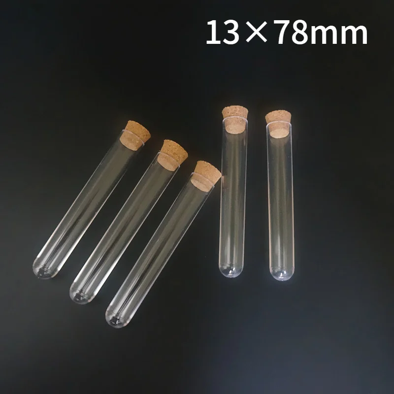 

20pcs/lot 13x78mm Round Bottom Plastic Test Tube With Cork Hard Transparent Packing Vial Shool Lab