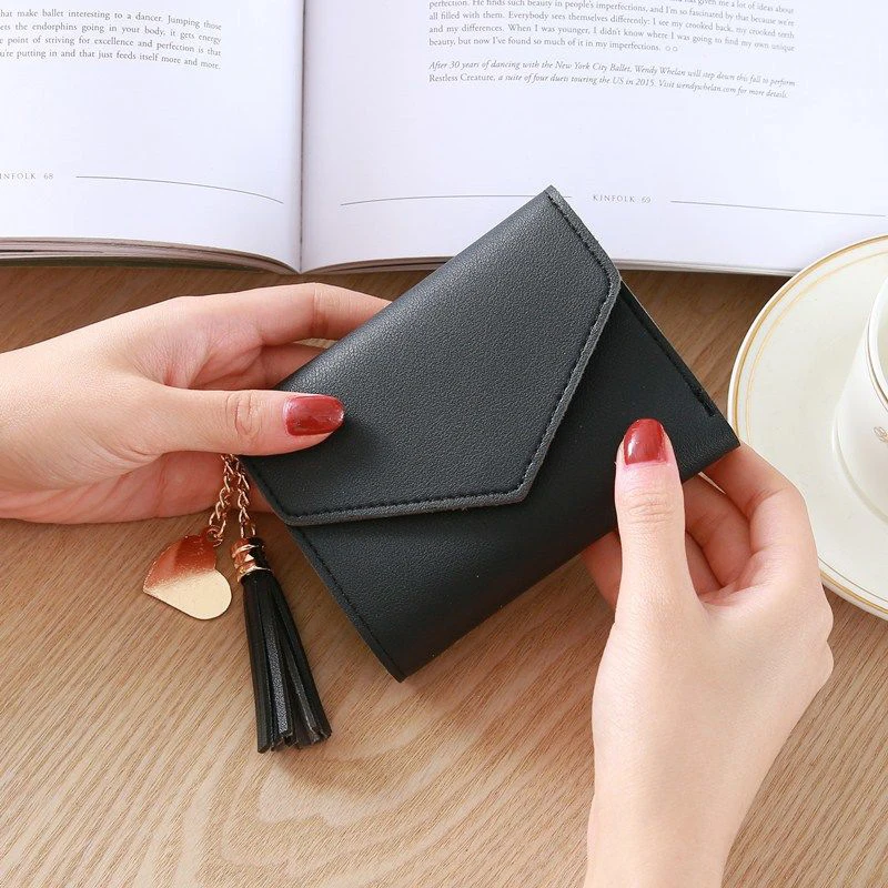 

New Arrival Short Tassel Women PU Leather Wallet Korean Students Lovely Purse Female Small Wallet Fashion Buckle Clutch Wallet