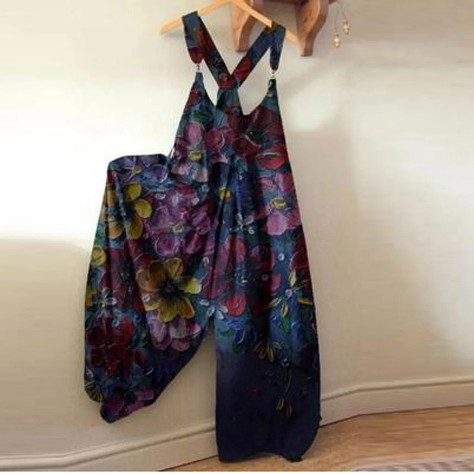

Fashion Womens Ethnic Style Flower Printed Cold Shoulder Suspender Cami Pants Jumpsuit Loose Homewear Plus Size Summer Cool Wear