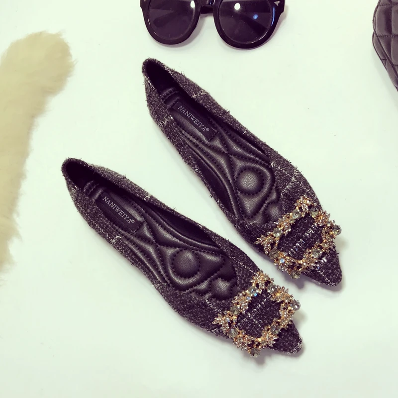 

Rhinestone Square Buckle Ballet Flats Women Mixed Color Plaid Weaving Flat Shoes Woman Crystal Slip On Loafers Moccasins NS83