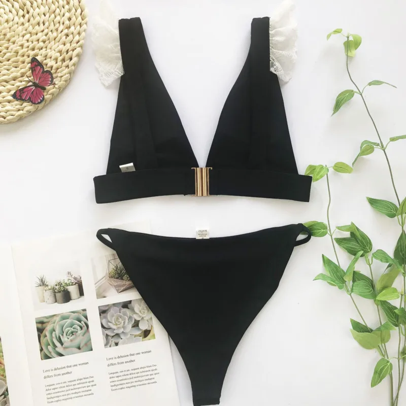 

AIUJXK Sexy Lace Patchwork Bikini 2021 New Arrival Black Swimwear Women 2 Piece Set Swimsuit Female Beach Wear Bathing Suit