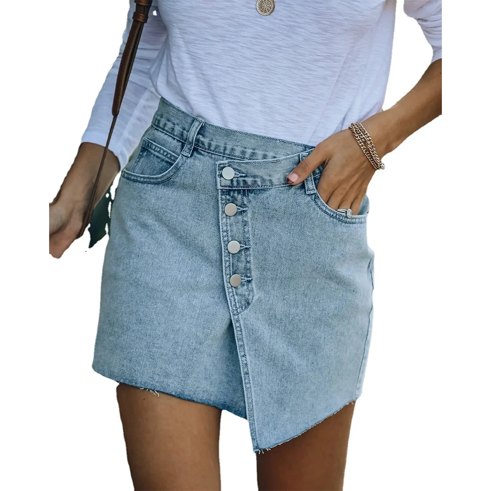 

Commute Women Summer Sexy Casual Mini Denim Skirt Bodycon Fashion Vintage Style Irregular Button Skirt