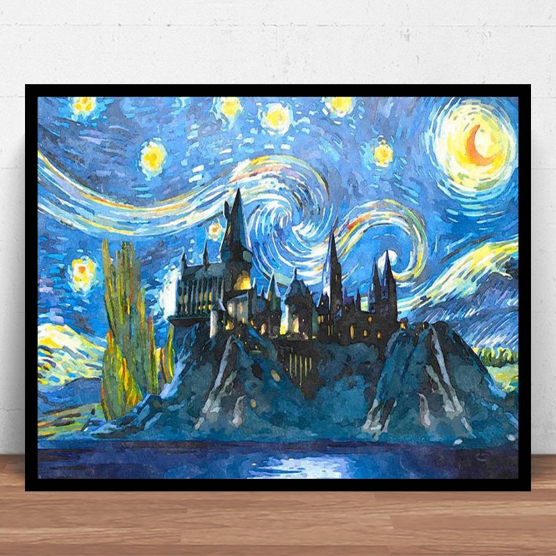 

Современное художественное вращение, высокое разрешение, звездное небо, замок, ландшафтный рисунок, фотография для гостиной