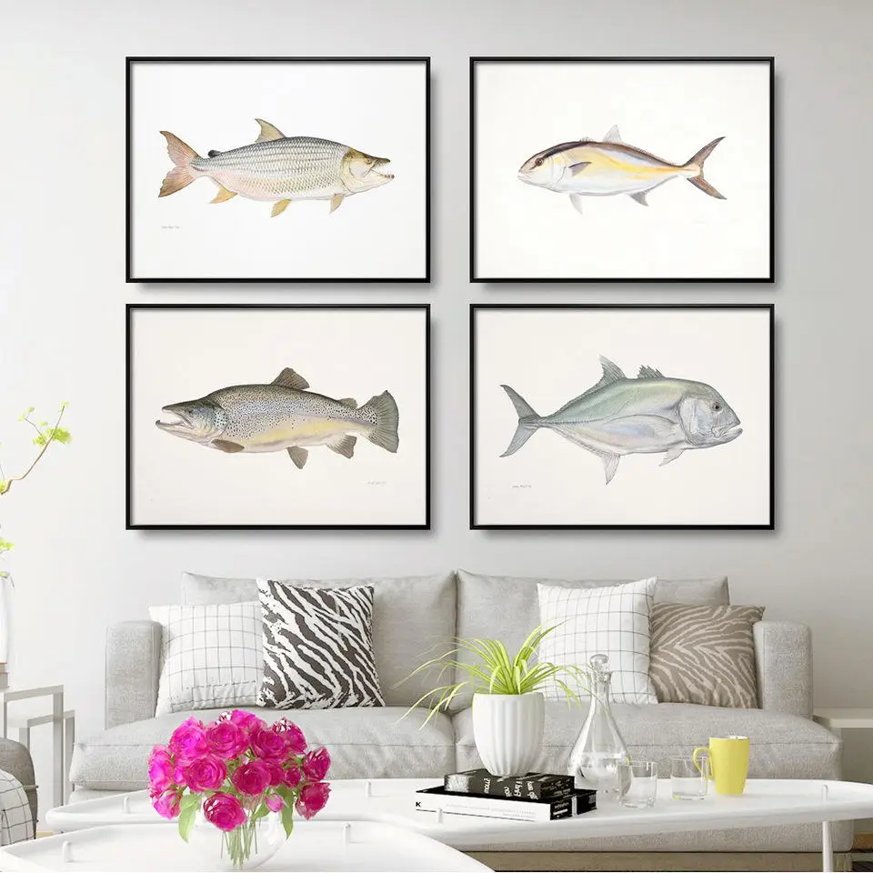 Decorative Painting Retro Fish Restaurant Hotel Paintings Animal Print Wall Pictures for Living Room Flatfish Art Canvas |