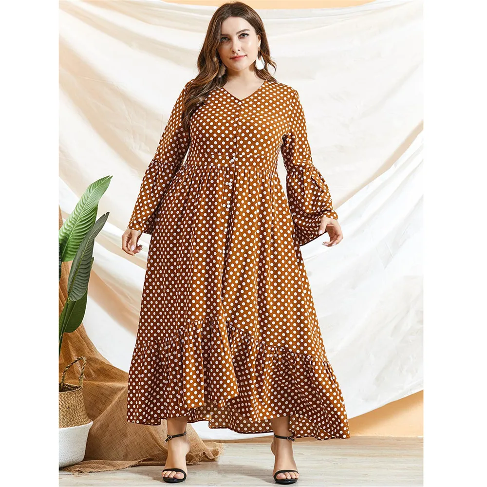 

Платье женское длинное в горошек, элегантная мусульманская одежда в арабском стиле, абайя с V-образным вырезом, повседневное свободное Макс...