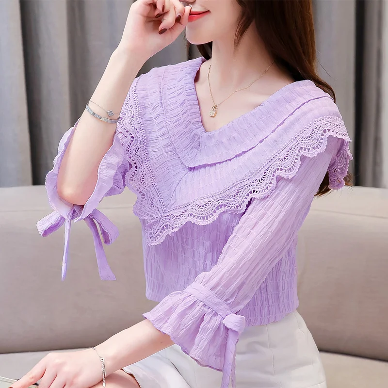 бант v-образный воротник шифон кружева Женские топы Модная рубашка Летние