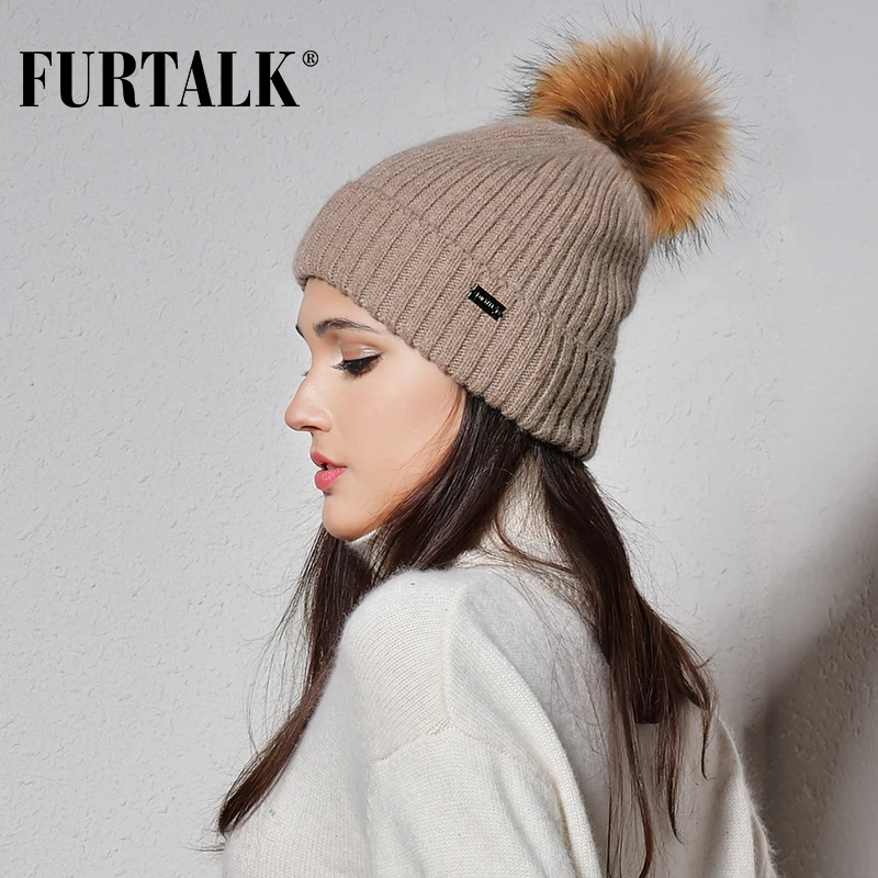 FURTALK зимняя женская шапка детская Ангорского Кролика мехом Шерстяная Шапка-бини шапка с помпоном из натурального меха женские теплые вязаные зимние головные уборы Skullies Beanies