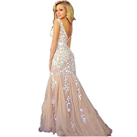 elegant white lace appliques champagne mermaid dress prom 2016 new arrival women evening party gowns