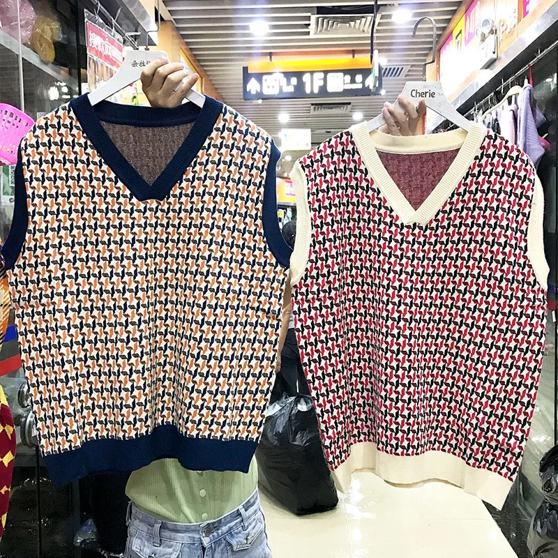 Женский пуловер без рукавов весна 2020 корейский стиль винтажный геометрический v