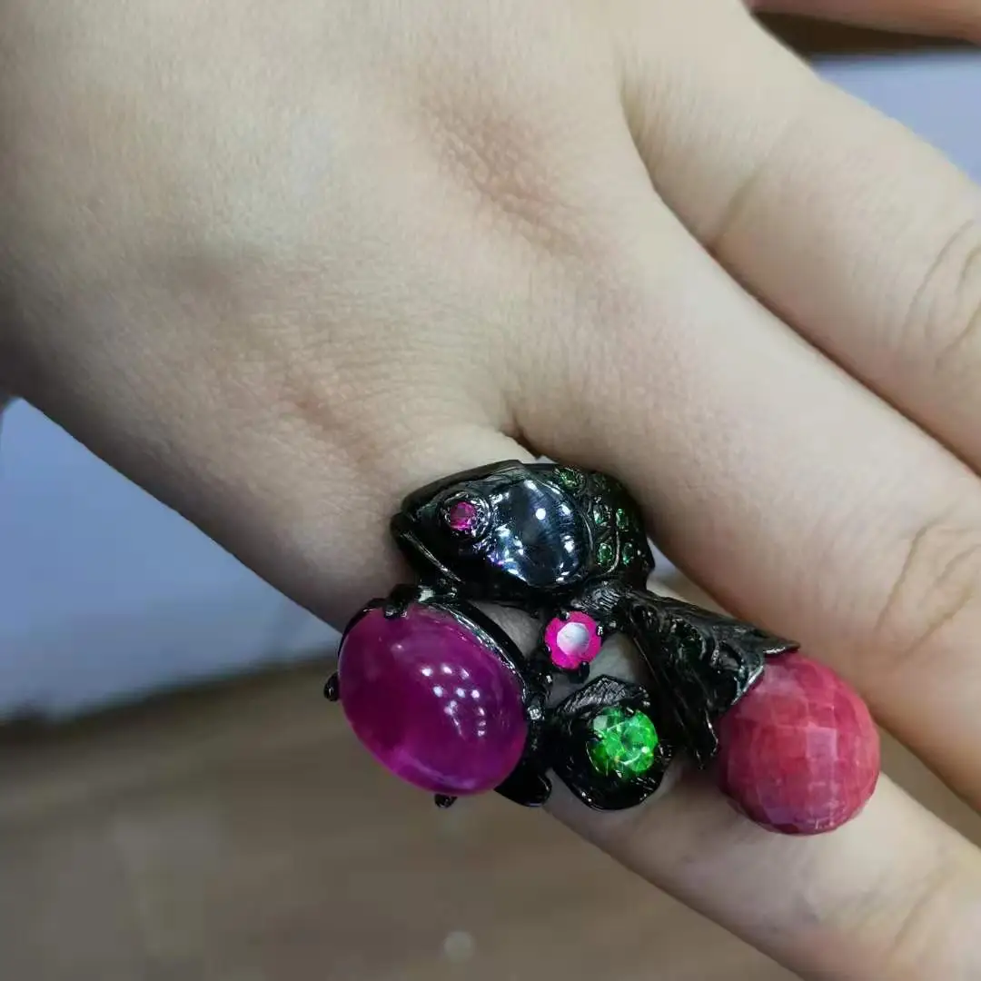 

s925 sterling silver exaggerated designer jewelry luxury ruby ring black gold animal fish multi-element three-dimensional custom