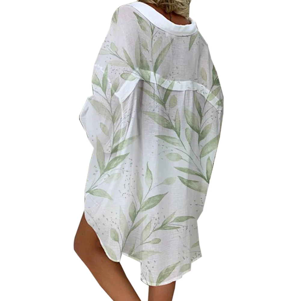 Женское пляжное платье-рубашка с принтом листьев и длинным рукавом | Женская