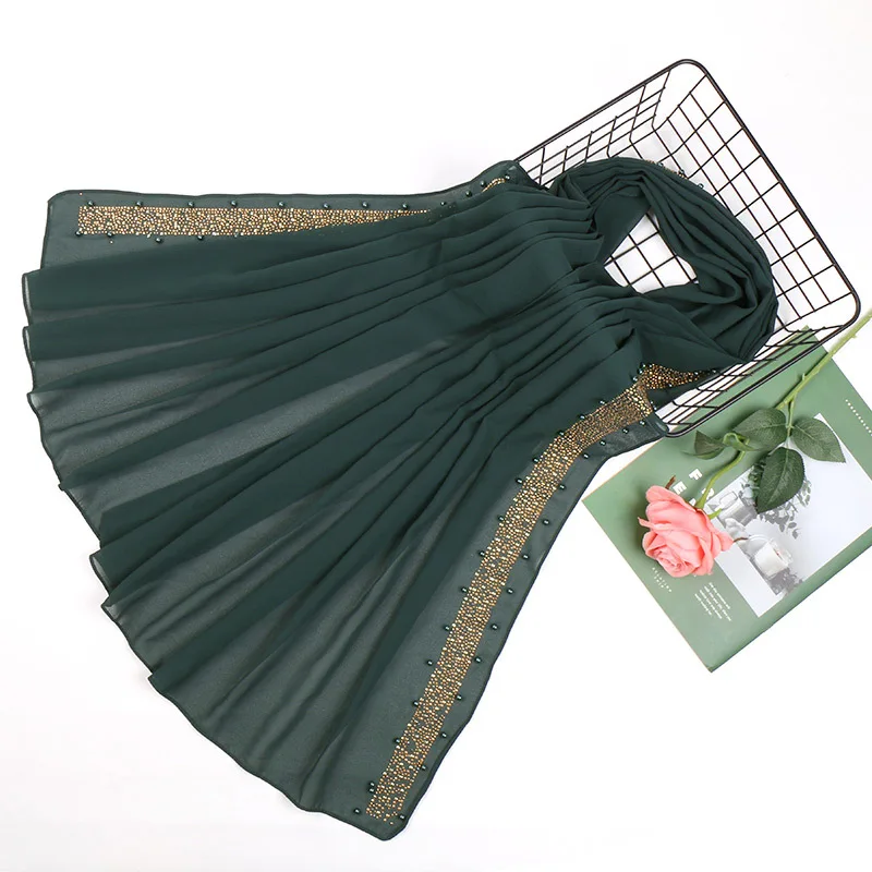 Plain Luxury Diamond Beads Bubble Chiffon Instant Hijab Ladies Stitch Chain Shawls and Wraps Bufandas Muslim Sjaal 180*75Cm - Color: 16
