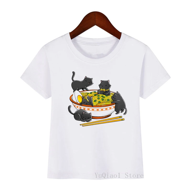 

Футболка детская с рисунком японского аниме, милая рубашка Топ с коротким рукавом и забавным котом-лапшой для девочек и мальчиков, повседне...