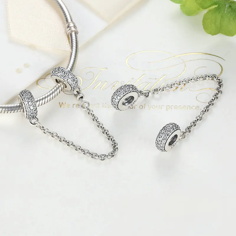 

Safety Chain Charm Silver 925 Sterling Silver Sparkling Pave Safety Chain Charm fit Beads Bracelet S925 Jewelry Making Gift