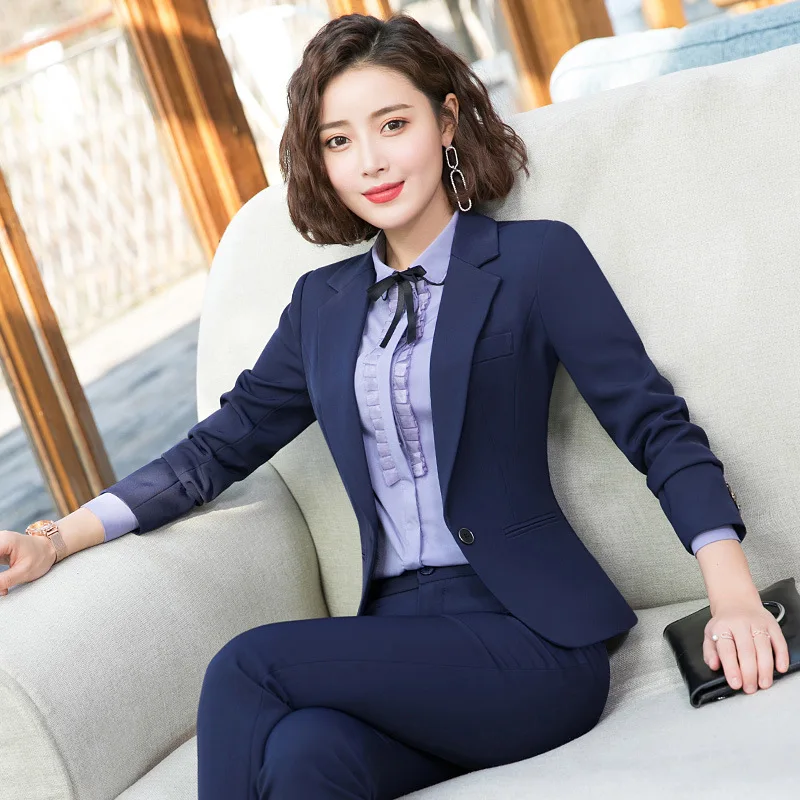 blue pant suits Костюм женский брючный костюм женский костюмы женские женский костюм Женские деловые штаны, костюмы, Офисная Леди, комплект из 2 предметов, деловой блейзер для работы, костюм на осень и зиму, Женский Плюс Размер - Цвет: blue pant suits